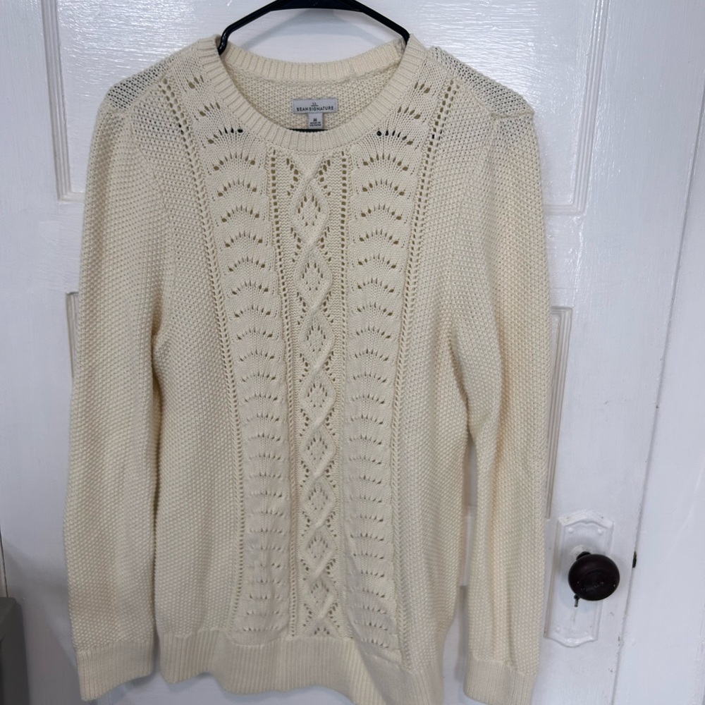 L.L. Bean Cream Crew Neck Cable Knit Sweater
